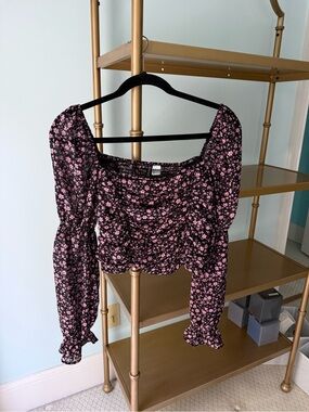 H&M Black Top with Pink Floral Square Neck and Ruched Bodice